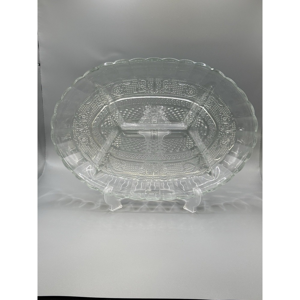BEAUTIFUL OVAL CUT GLASS CRYSTAL DIVIDED 4-SECTION SERVING BOWL DISH